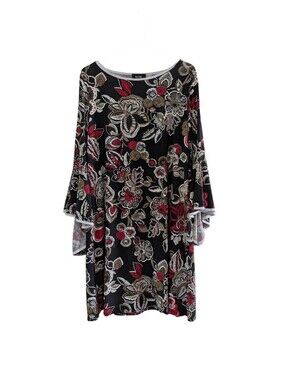 MSK Women's Floral Shift Dress, Black Red Cream, Large, Bell-Sleeves, Pull On